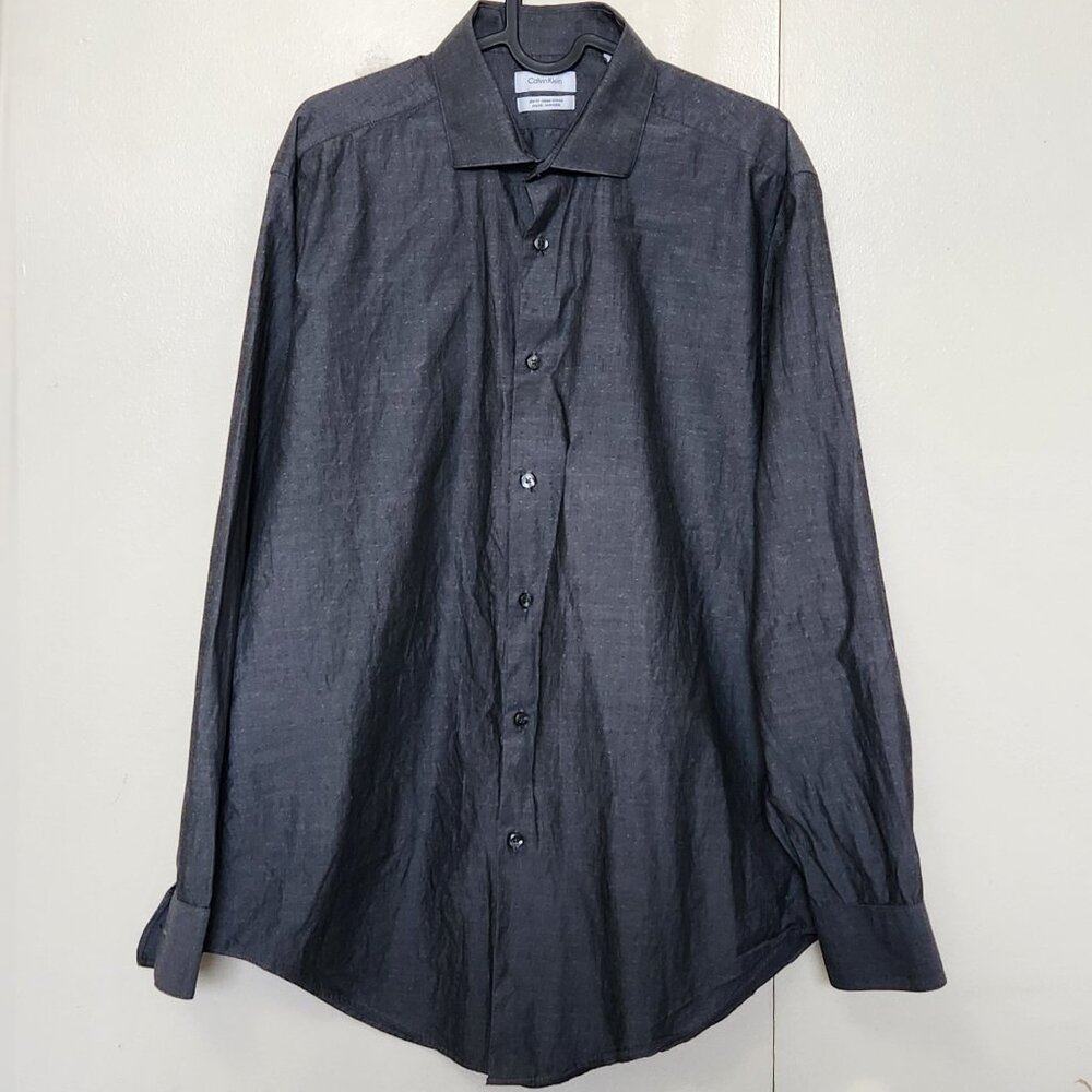 Calvin Klein Mens Grey Mini Check and Dots Dress Shirt